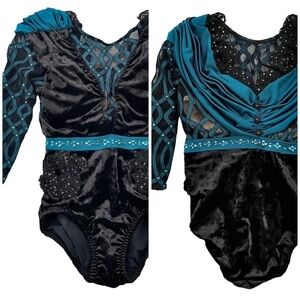 Competition Dance Solo Costume Black Velvet Leotard Teal Accent Rhinestones AXXS